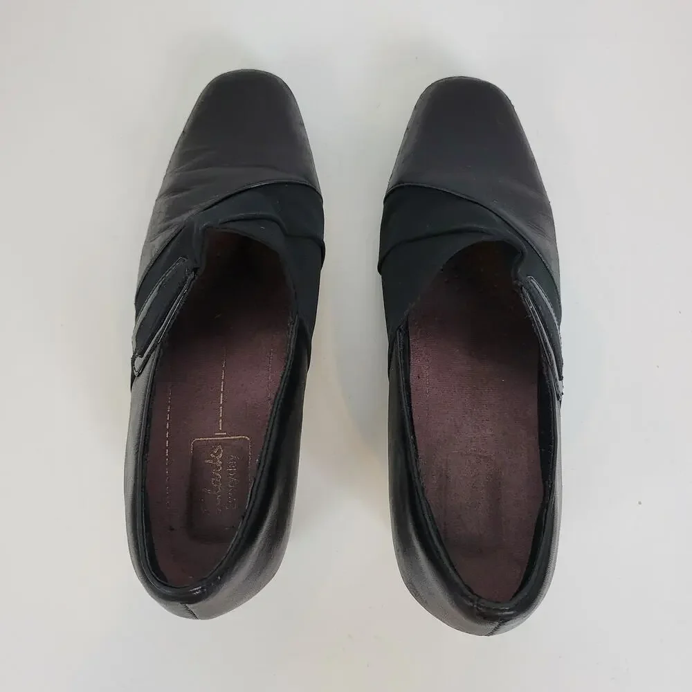 Clarks Womens Shoes Size 7.5 Black Leather Sugar Spice Heeled Slip On Pumps